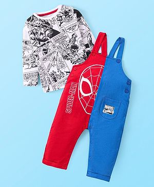 Babyhug Marvel Cotton Knit Full Sleeves Spider Man Graphic T-Shirt & Full Length Cut & Sew Dungaree Set - Red & Navy Blue