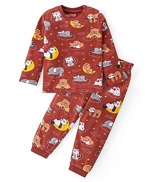 Babyhug Cotton Knit Full Sleeves Night Suit with Animal Print - Maroon