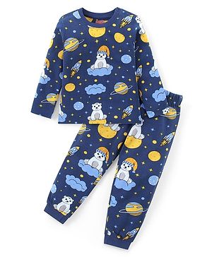 Babyhug Cotton Knit Full Sleeves Night Suit With Bear & Space Theme Print - Navy