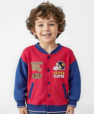 Babyhug Cotton Knit Full Sleeves Drop Shoulder Front Open Bomber Jacket with Patch Detailing - Red