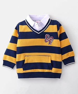 Babyhug Cotton Popcorn Knit Full Sleeves  Overlapped Polo Collar T-Shirt with Kangaroo Pocket & Embroidery Detailing - Navy & Yellow