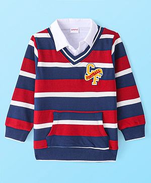 Babyhug Cotton Knit Full Sleeves Overlapped Striped T-Shirt With Embroidery Detailing & Kangaroo Pockets - Red