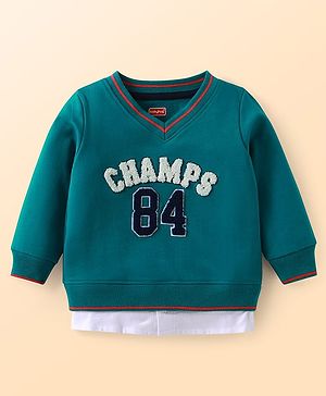 Babyhug Cotton Knit Full Sleeves Overlapped T-Shirt With Text Embroidery - Teal Blue