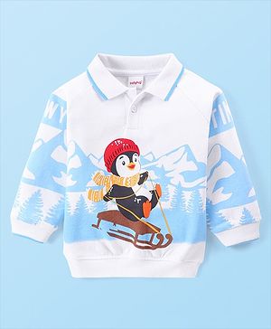 Babyhug Cotton Knit Full Sleeves Collar Neck Sweatshirt with Penguin Print - White