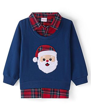 Babyhug Cotton Knit Full Sleeves Overlapped T-Shirt With Santa Applique Detailing - Navy Blue