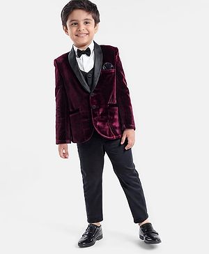 Babyhug Velvet Woven Full Sleeves 4 Piece Solid Colour Party Suit - Wine