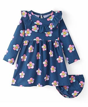 Babyhug Single Jersey Knit Full Sleeves Frock With Bloomer Floral Print & Frill Detailing- Navy
