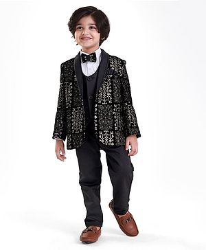 Babyhug Woven Full Sleeves Embroidered 4 Piece Party Suit With Bow - Black