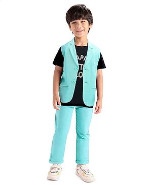 Babyhug Woven Half Sleeves Text Printed T-Shirt & Trouser With Waistcoat - Sea Green