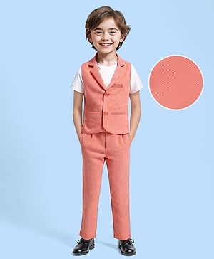 Babyhug Woven Half Sleeves Text Printed T-Shirt & Bottom Set with Waistcoat - Coral