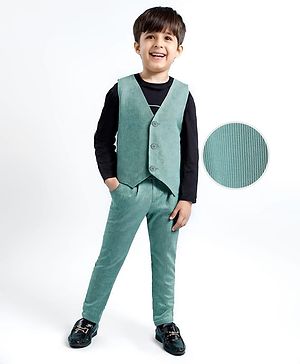 Babyhug Woven Full Sleeves Text Printed Party T-Shirt & Trouser With Waistcoat - Mint Green & Black