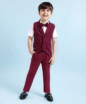 Babyhug Woven Full Sleeves Solid Colour 3 Piece Party Suit with Bow - Maroon & White