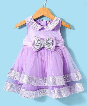 Babyhug Sleeveless Fit & Flared Tiered Sequinned Embellished Peter Pan Collared & Bow Applique Mesh Party Frock - Lavender