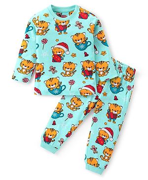 Babyhug Cotton Knit Full Sleeves Night Suit With Tiger Print - Aqua Blue
