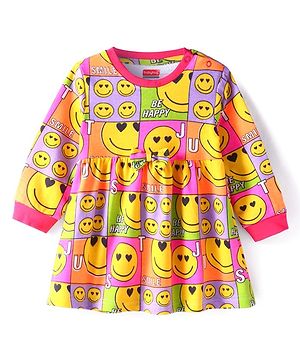 Babyhug Single Jersey Knit Full Sleeves Winter Frock with Smiley Print & Bow Applique- Yellow & Dark Pink