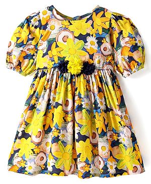 Babyhug Poplin Woven Half Puffed Sleeves Frock With Floral Print & Corsage - Yellow