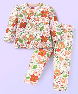 Babyhug Cotton Knit Full Sleeves Night Suit Floral Print -  Peach