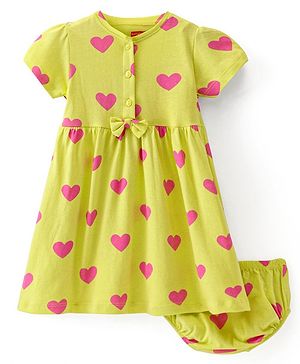 Babyhug Cotton Knit Half Sleeves Hearts Printed Henley Frock With Bloomer - Limegreen