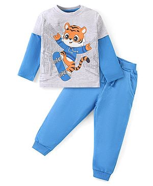 Babyhug Cotton Knit Doctor Sleeves T-Shirt & Lounge Pants Set With Animal Print - Blue