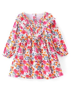 Babyhug Poplin Full Sleeves Knee Length Fit and Flare Frock Floral Print - White