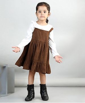 Aww Hunnie Corduroy Solid Dress With Full Sleeves Top - White & Brown