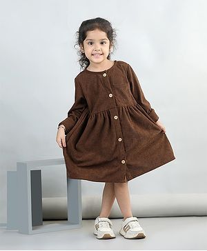 Aww Hunnie Corduroy Full Sleeves Front Button Side Pocket Solid Dress - Brown