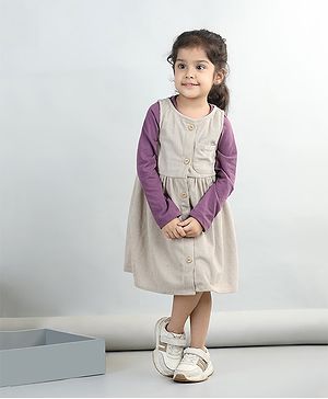Aww Hunnie Corduroy Solid Dress With Full Sleeves Top - Purple & Beige