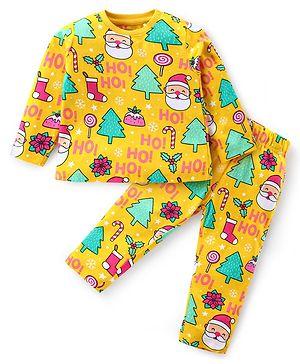 Babyhug Cotton Knit Full Sleeves Night Suit With Christmas Theme Print - Yellow