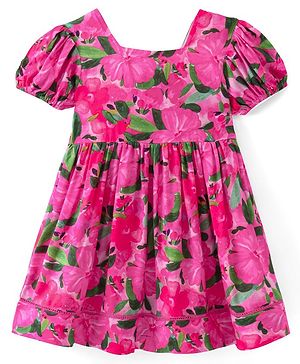Babyhug Cotton Rayon Half Sleeves Knee Length Fit and Flare Frock Floral Print - Dark Pink