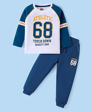 Babyhug Cotton Knit Raglan Sleeves T-Shirt & Lounge Pants Set With Varsity Theme Print - Multicolor