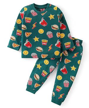 Babyhug Cotton Knit Full Sleeves Night Suit With Emoticons Print - Dark Green