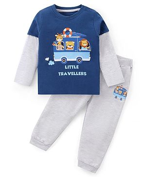 Babyhug Single Jersey Knit Doctor Sleeves T- Shirt & Lounge Pants Set With Animals Print - Blue & Light Grey