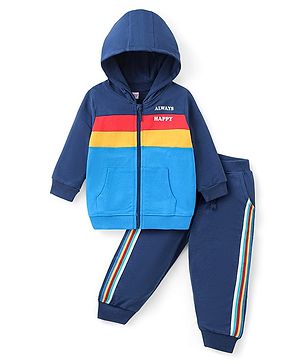 Babyhug Terry Knit Full Sleeves Colour Block Hooded Front Open Sweatjacket & Lounge Pant Set with Kangaroo Pockets Text Print - Navy Blue