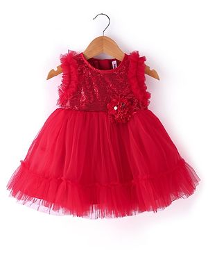 Babyhug Sleeveless Party Mesh Dress With Sequinned Yoke - Red