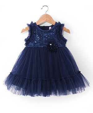 Babyhug Woven Sleeveless Fit & Flared Mesh Party Frock with Sequined Yoke Detailing & Floral Applique - Navy Blue
