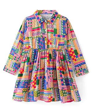 Babyhug Poplin Full Sleeves Knee Length Shirt Dress with Abstract Print - Multicolor