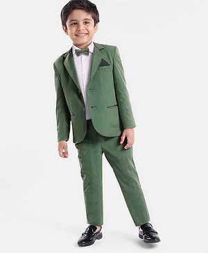 Babyhug Knit Full Sleeves Solid Colour 3 Piece Party Suit With Bow - Green