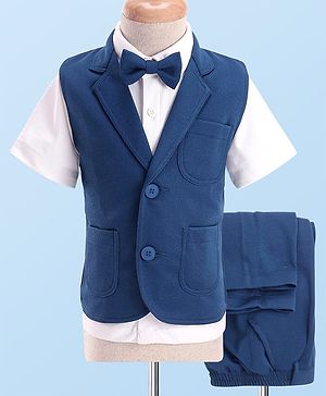 Babyhug Woven Full Sleeves Solid Colour 3 Piece Party Suit with Bow - Blue & White