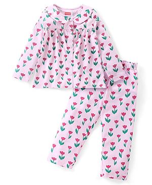 Babyhug Cotton Knit Full Sleeves Front Open Peter Pan Collared Night Suit With Floral Print - Pink
