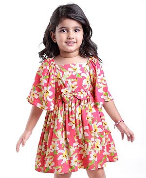 Babyhug Cotton Rayon Woven Flutter Sleeves Floral Printed Frock with Bow Applique - Pink