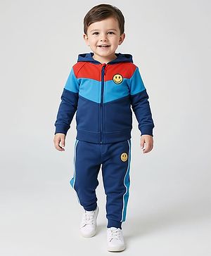 Babyhug Terry Knit Full Raglan Sleeves    Hooded Sweatjacket & Joggers Set with Cut & Sew Design - Blue & Red