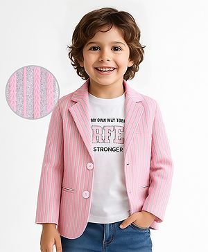 Babyhug Woven Full Sleeves Striped Embellished  Blazer with Text Printed T-Shirt - Pink & White