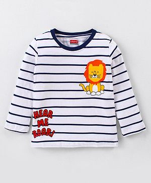 Babyhug Cotton Knit Full Sleeves T-Shirt with Stripes &  Lion Print - White