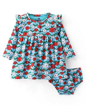 Doodle Poodle Cotton Single Jersey Full Sleeves Frock with Bloomer Floral Print - Blue