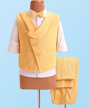 Babyhug Woven Full Sleeves Solid Colour  3 Piece Party Suit with Bow - Yellow