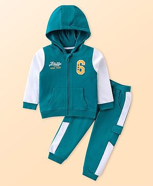 Babyhug Cotton Knit Full Sleeves Hooded Front Zipper T-Shirt & Lounge Pants Set With Kangaroo Pocket & Front & Back Varsity Print - Teal Blue