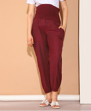 Moms Maternity Khadi Cotton High Rise Abstract Printed Maternity Trousers - Maroon