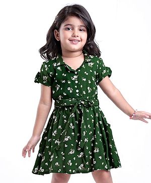 Babyhug Cotton Rayon Woven Half Sleeves Frock with Floral Prints - Dark Green