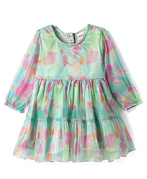 Babyhug Woven Full Peasant Sleeves Tie & Dyed Tiered Flared Frock - Sea Green