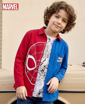 Pine Kids Marvel Terry Twofer Full Sleeve Shirt and Sleeveless T-Shirt Set With Spiderman Graphics and Pocket Detailing - Navy Red & White